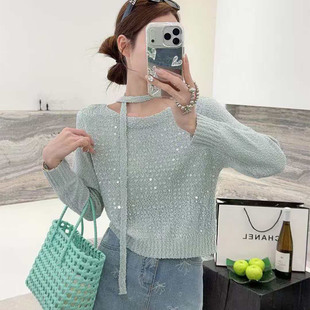 设计感慵懒风亮片针织衫女长袖飘带减龄高级感气质显瘦韩系上衣潮