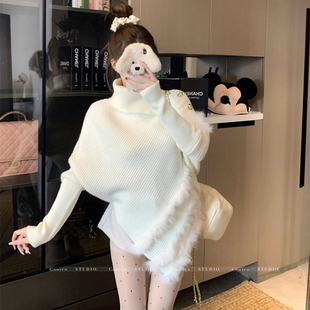 韩系慵懒风不规则高领蝙蝠袖毛毛拼接上衣女秋冬新款气质内搭毛衣