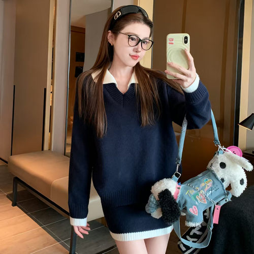 学院风减龄拼色保暖显瘦针织套装