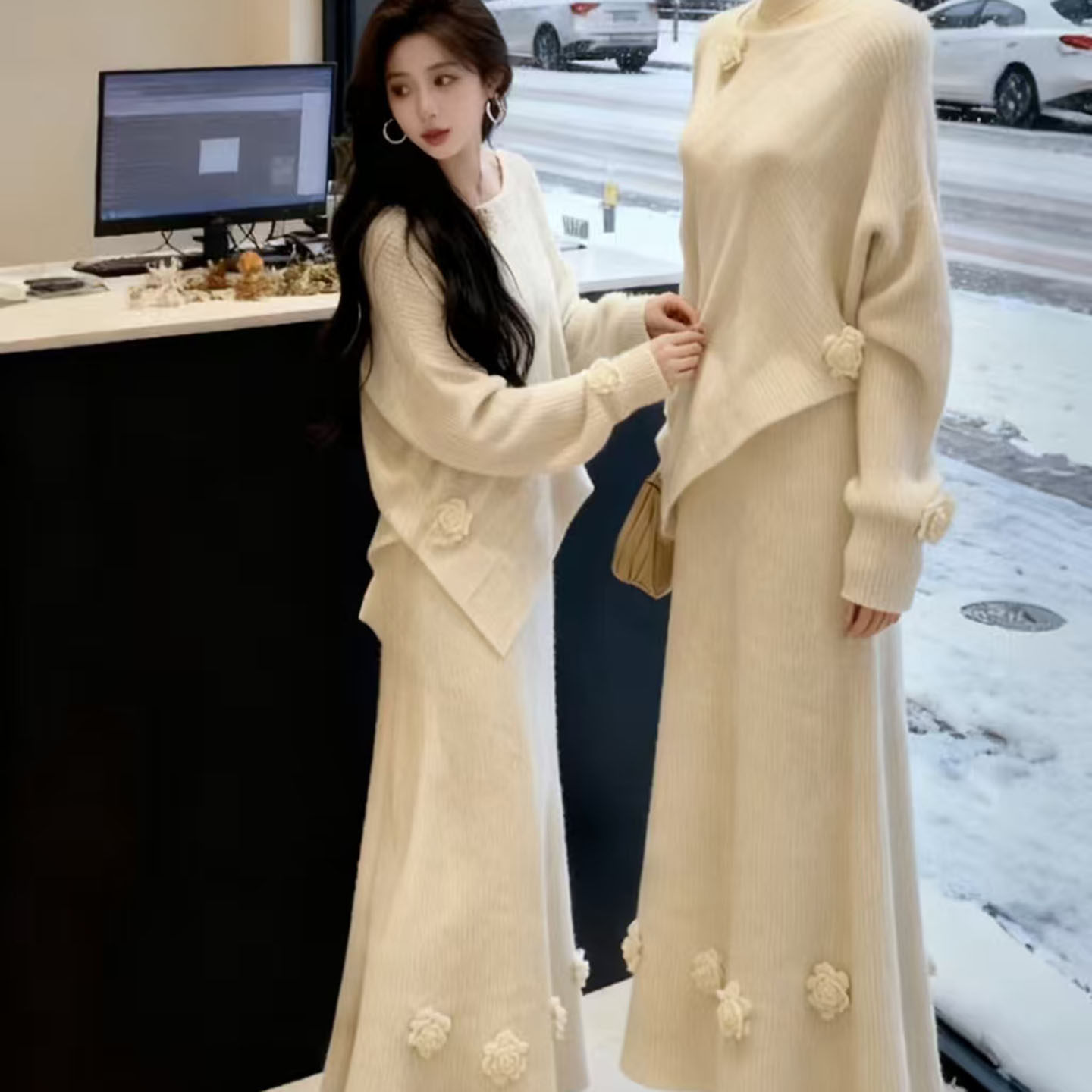 慵懒风加厚立体花朵针织套装女秋冬新款宽松设计感毛衣裙子两件套,女装/女士精品,时尚套装,淘宝优惠券,粉丝福利购,淘宝优惠卷