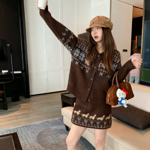 港风复古费尔岛提花针织套装 高级感气质毛衣半身裙两件套 秋冬新款