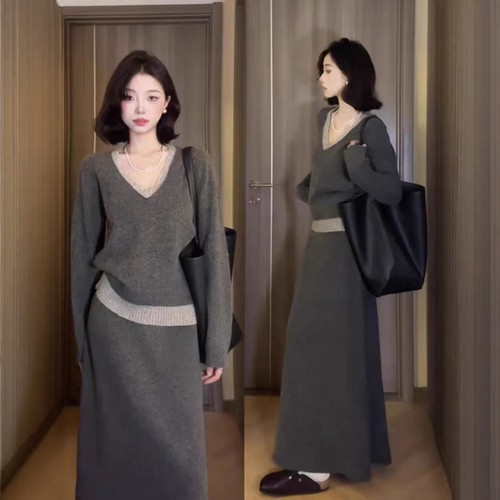 温柔韩系设计感拼接开衫针织套装