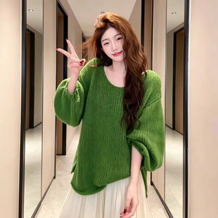 温柔慵懒风宽松绿色套头毛衣女秋冬百搭中长款灯笼袖软糯针织上衣