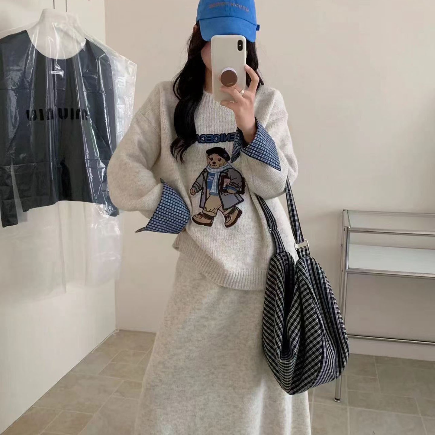 慵懒风小熊刺绣袖口拼接针织套装女秋冬毛衣松弛感穿搭洋气两件套