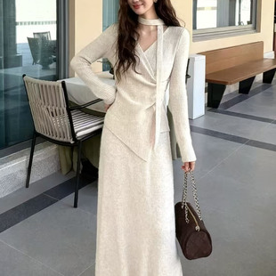 收腰高级感气质三件套 女秋冬新款 法式 温柔风不规则毛衣半身裙套装