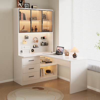 实木书桌书柜一体转角电脑桌