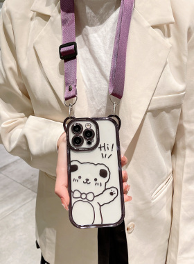17暗紫色卡通16电镀小熊适用iPhone15promax苹果1314手机壳12新11女斜挎挂脖带挂绳透明软xs7p全包8plus防摔