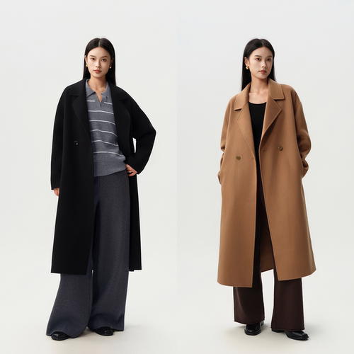 羊毛桑蚕丝混纺长款平驳领大衣