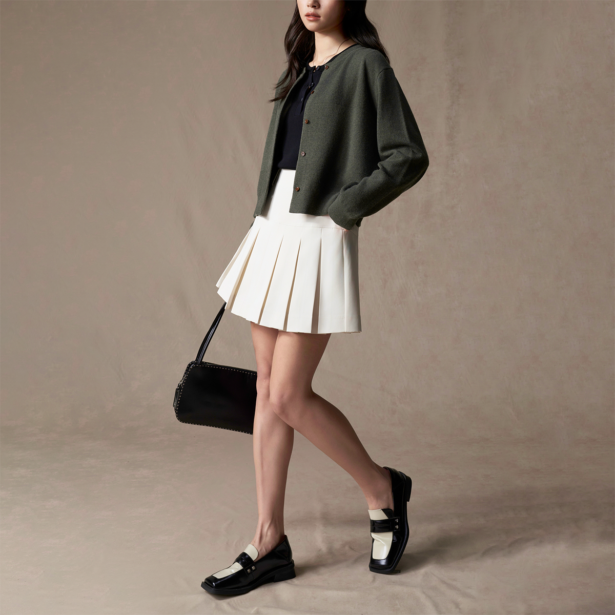 高腰A字百褶裙复古拼接立体