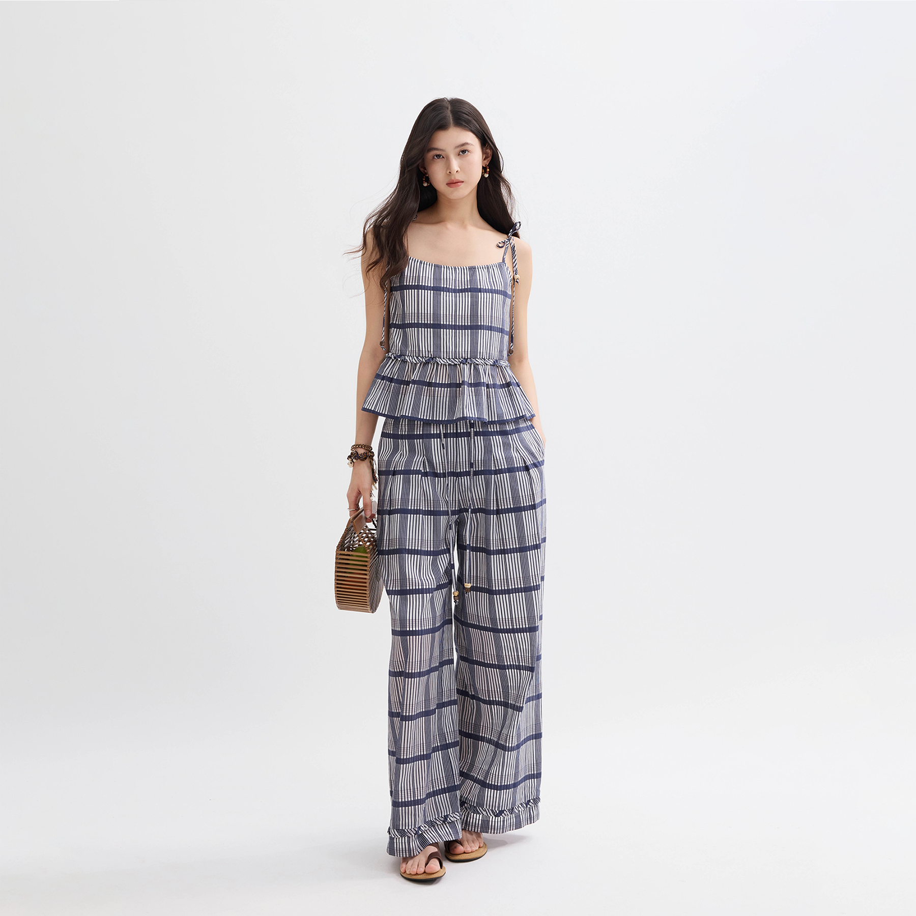 色织格纹串珠吊带套装