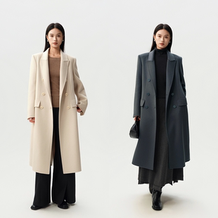 定织定染双面呢 垂顺利落枪驳领 绵羊毛桑蚕丝混纺正肩长款 大衣