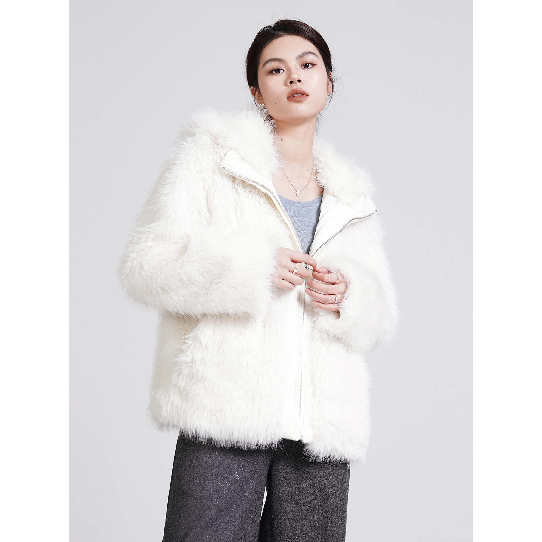 偶得一物·一尺雪外套 环保皮草 易打理 连帽防风 螺纹拼接设计