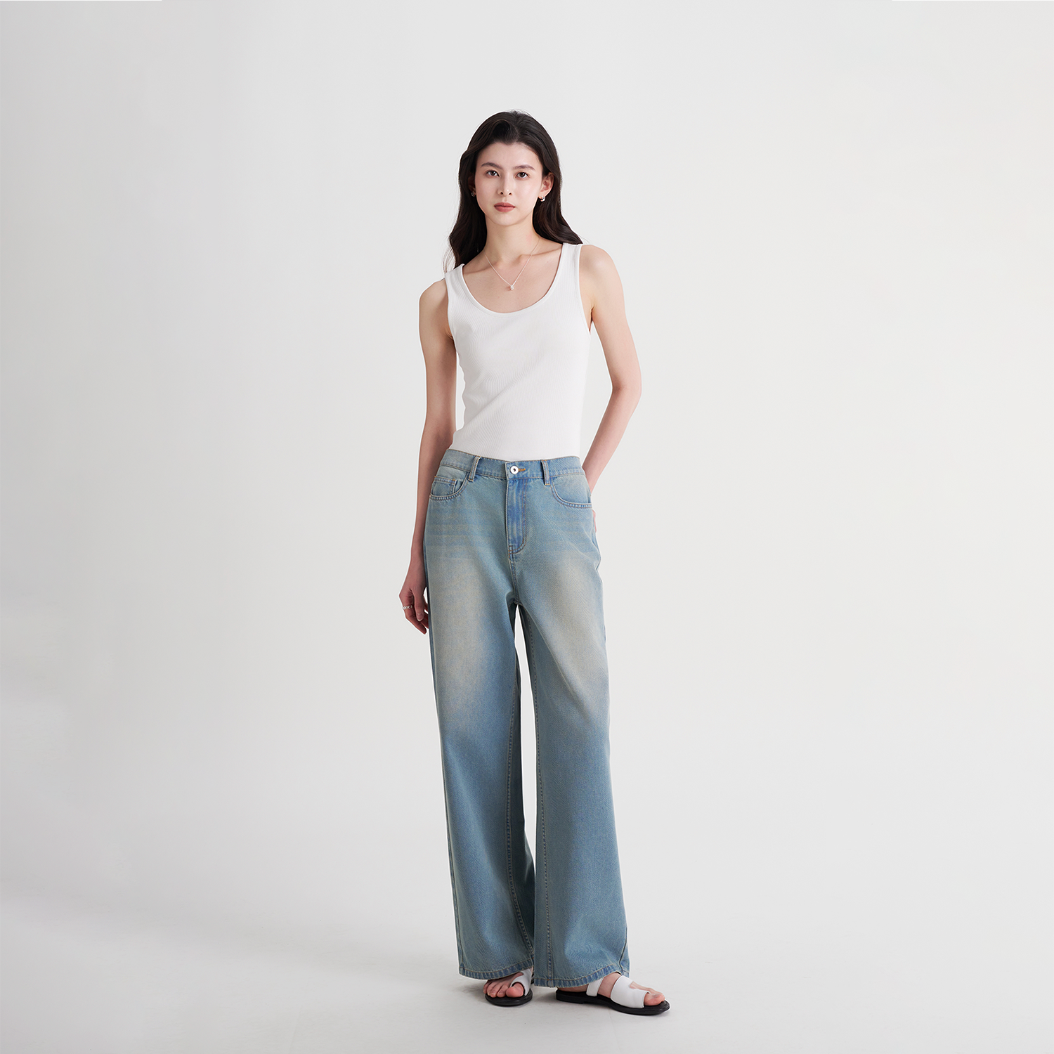 精梳棉垂顺窄直筒牛仔裤半松紧腰