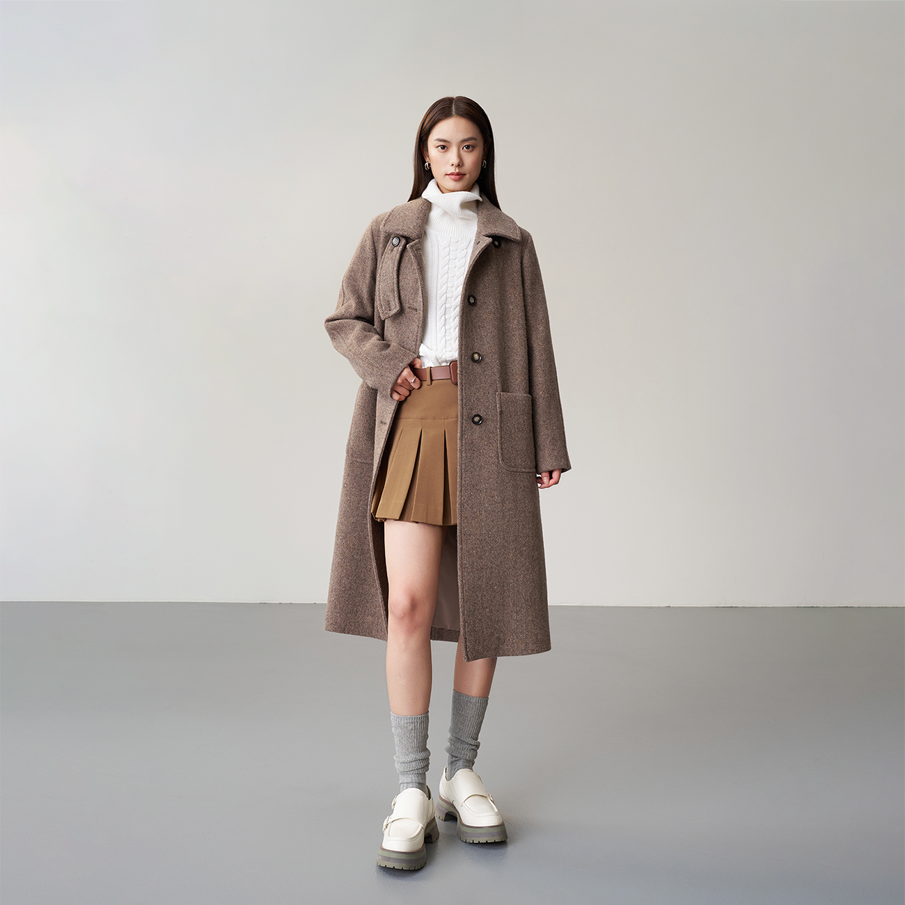 美利奴羊毛粗花呢大衣复古英伦