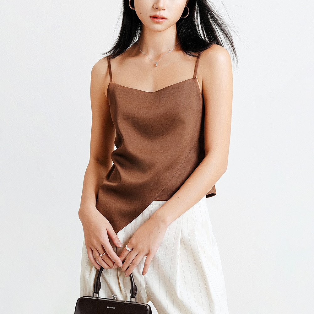 法式斜裁缎面珠光肌理吊带