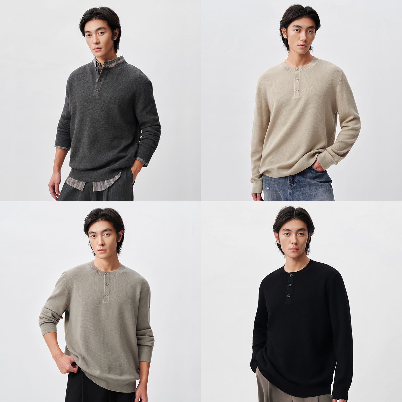 14针华夫格亨利领针织衫