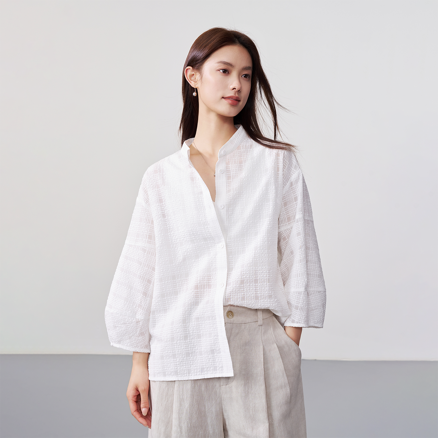 偶得轻透肌理格纹立体袖衬衫色织