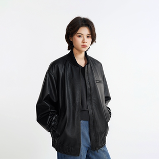 廓形男女款 100%绵羊皮重磅棒球夹克皮衣 头层真皮复古荔枝纹肌理
