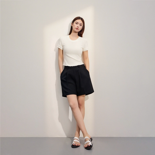 通勤简约 醋酸仿麻肌理西装 亲肤透气 高腰压褶 百搭显比例 短裤
