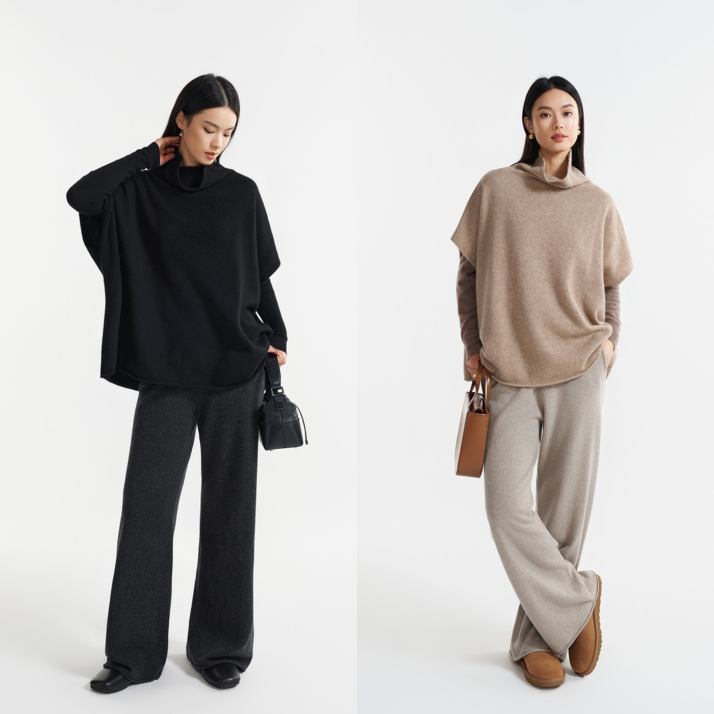 美利奴绵羊毛牦牛绒高领针织衫 松弛感蝙蝠袖 廓形叠穿披肩斗篷