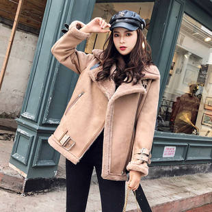 皮毛一体加绒加厚鹿皮绒外套女秋冬短款羊羔毛机车服