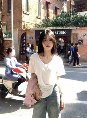 正肩白色领短袖恤女夏季感内搭打底衫宽松显瘦体恤上衣