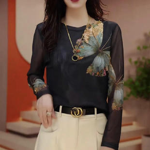 时尚妈妈装大码女装春上新新款长袖恤女印花圆领中老年女装