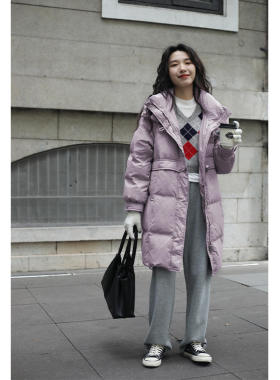 紫色连帽牛角扣服女年新款秋冬白中长款棉服外套