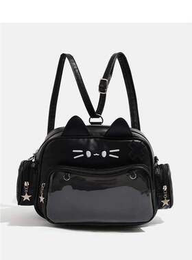 潮黑色萌喵痛包新款卡通双肩包千禧学院洋气单肩背包