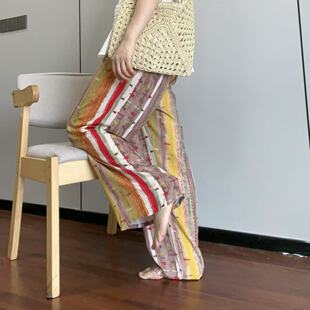 新款加长98家居裤夏季遛弯国风复古碎花绵绸睡裤女大码休闲可外