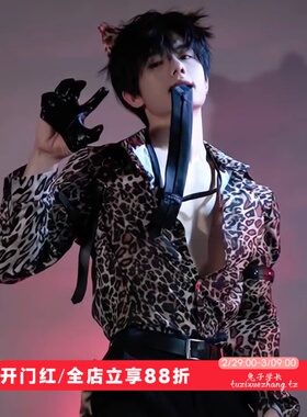 男生黑色豹纹衬衫禁欲系宽松潮流衬衣男模特主播宽松欧美帅气外套