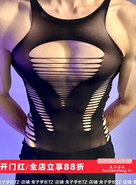 兔子学长tz 肌肉男健身团舞禁欲系男模特黑色渔网紧身上衣可撕破