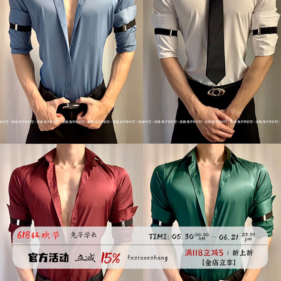 欧美亚裔男士袖西装衬衫纯色四面弹力都市风格男衬衫显肌肉男