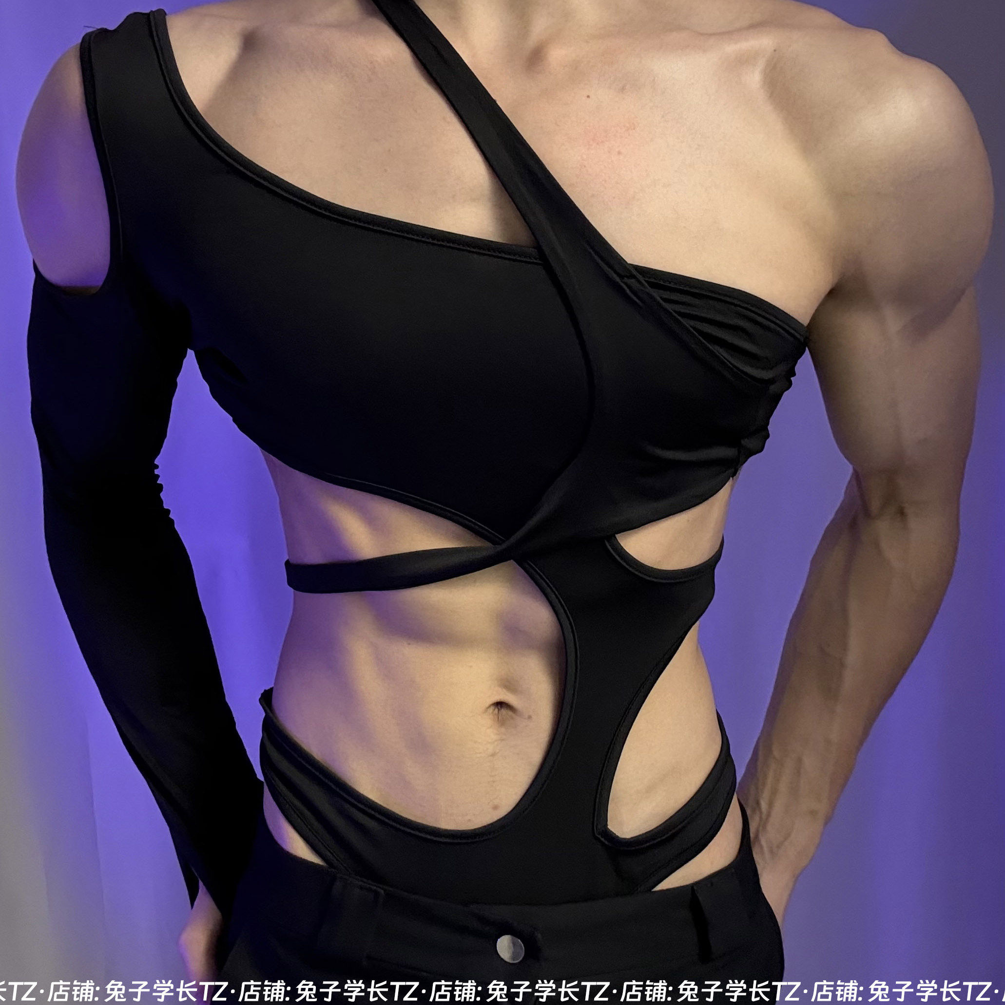 辣弟装穿搭 健身漏肌短袖男紧身显肌肉线条割设计立体剪裁连体衣,男装,背心,淘宝优惠券,粉丝福利购,淘宝优惠卷