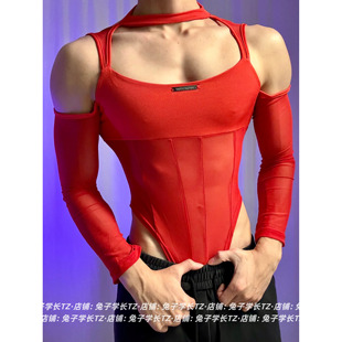 辣弟性感连体衣纯欲网纱拼接长袖打底衫小心机镂空设计感上衣