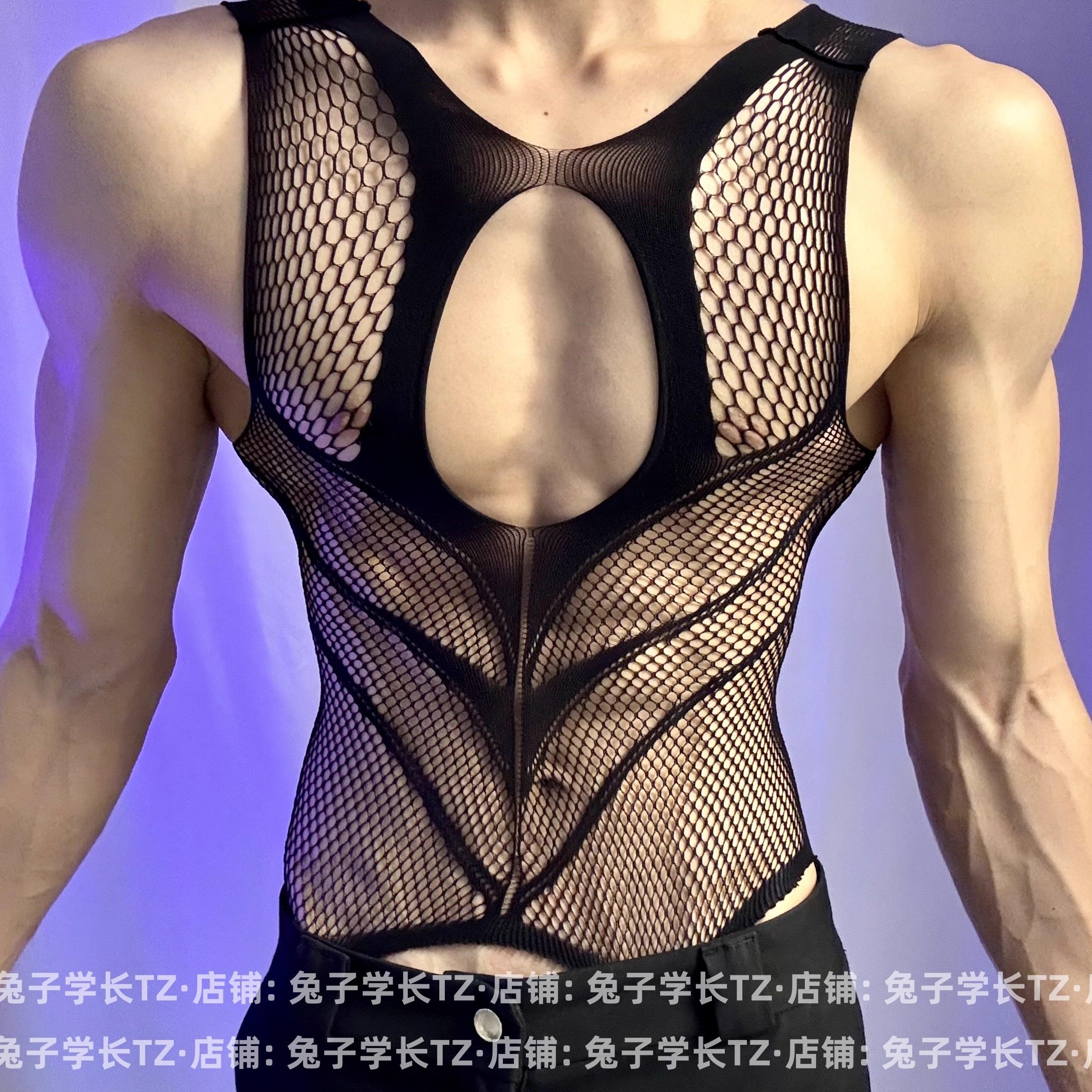 黑色渔网镂空男士性感内衣连身连体网衣镂空伪娘男模酒吧直播穿搭