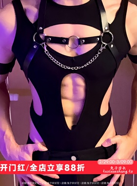 欧美男生模特主播同款漏肌肉健身黑色背心镂空拼接修身显瘦连体衣