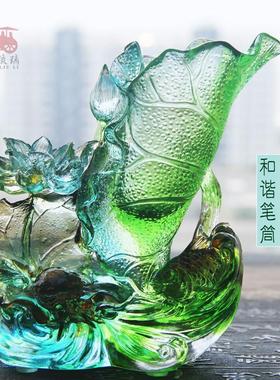 琉璃荷花笔筒摆件礼品教师节礼物送老师个性创意书房桌面中国风