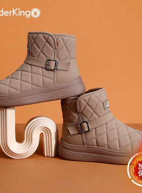 蜘蛛王女鞋2025冬季加绒保暖短靴厚底棉鞋女圆头休闲菱格纹雪地靴