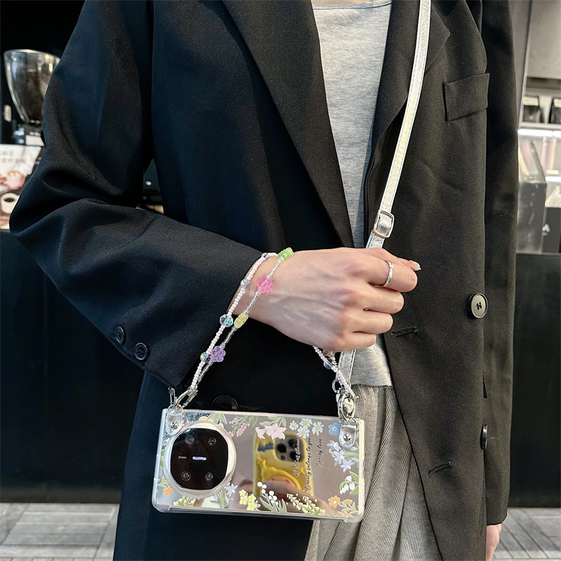 补妆镜面碎花折叠手机壳斜挎挂绳