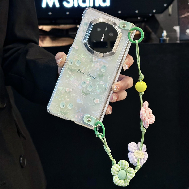 悦皇绿郁金香适用于荣耀MagicV6折叠手机壳全包双中轴磁吸透明边magicv5翻盖贝壳纹保护套斜挎挂绳手提花朵v6