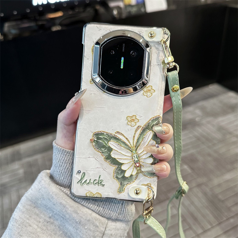 悦皇适用于荣耀MagicV6折叠手机壳铰链全包双中轴磁吸边magicv6油画清新绿花蝴蝶翻盖保护套斜挎绳手提珠挂饰