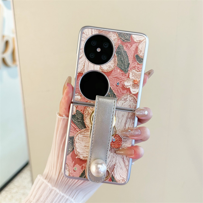 悦皇山茶花手腕带适用于华为novaFlip折叠Purax油画手机壳pocket2翻盖防摔保护套magicvflip手提带p50pocketS