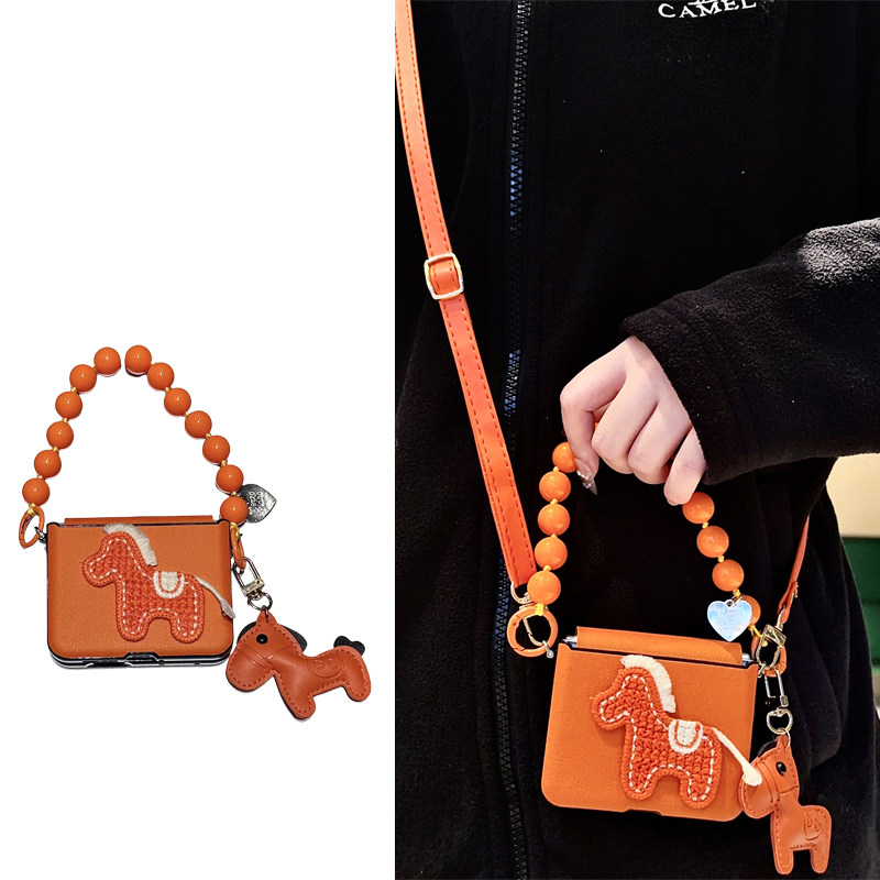 悦皇橙色刺绣马全包中轴适用于荣耀magicvflip2折叠手机壳斜挎挂绳手提珠链马挂饰magicVflip翻盖防摔保护套