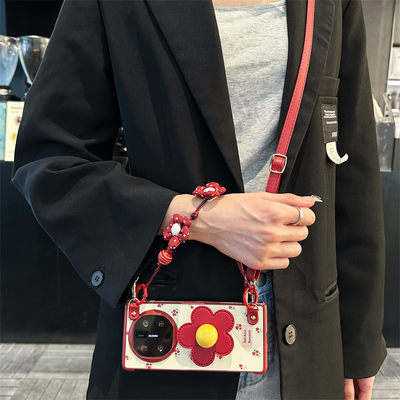 玫瑰花朵支架折叠手机壳斜挎挂绳