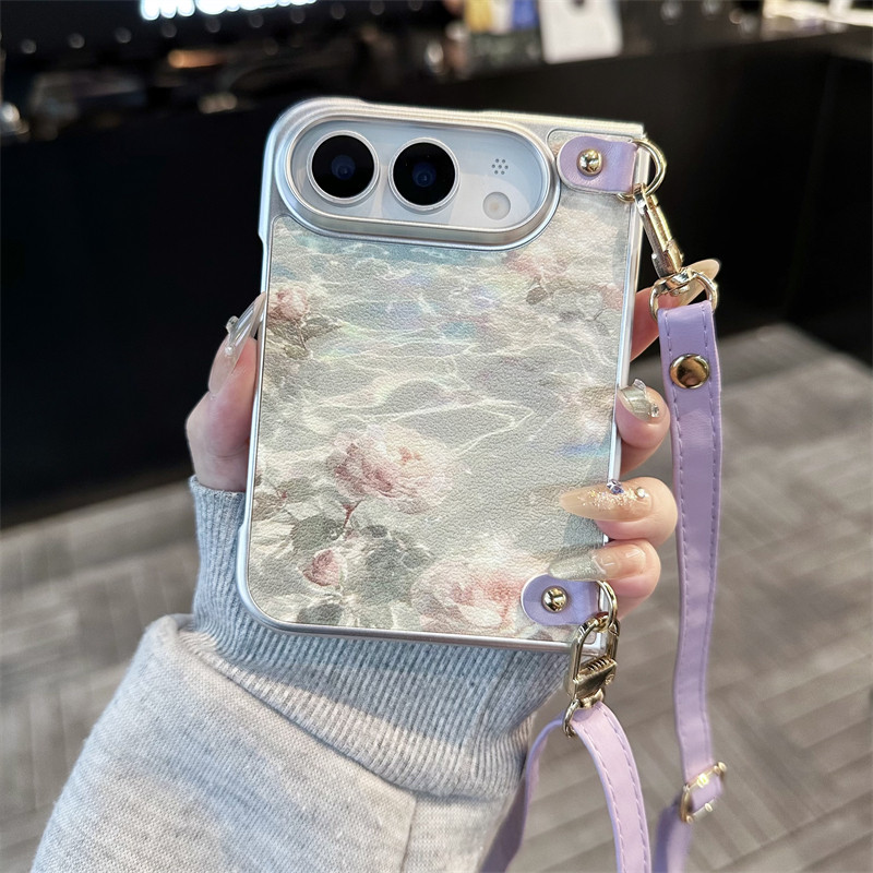 悦皇适用于iPhoneUltra阔折叠手机壳油画水滴玫瑰花带前框皮纹保护套斜挎挂绳丝巾手提苹果18Fold翻盖防摔壳