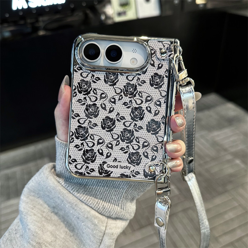 悦皇烫金满屏黑玫瑰花适用于iPhone Duo阔折叠手机壳全包中轴前框苹果Duo翻盖复古保护套斜挎绳纱巾手提磁吸