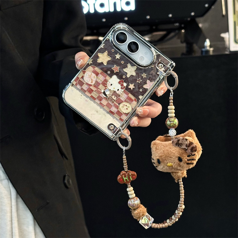 悦皇烫金抱熊猫咪适用于iPhone Duo阔折叠手机壳全包中轴边前框苹果Duo秋冬毛绒手提斜挎绳翻盖磁吸保护套Duo