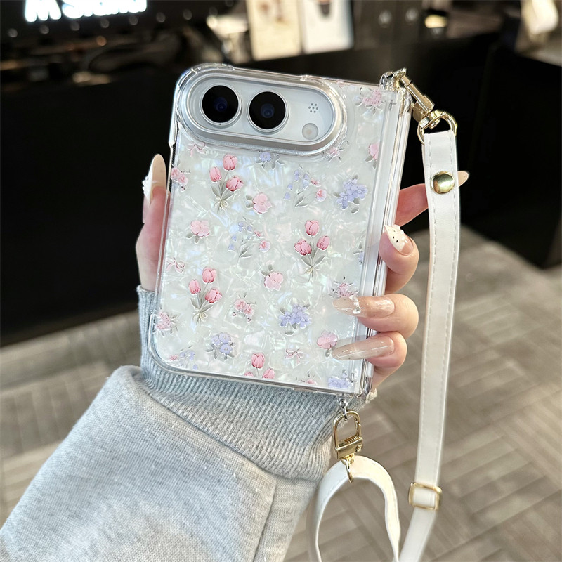 悦皇郁金香花束适用于iPhone Duo折叠屏手机壳全包磁吸中轴前框斜斜跨带绳手提丝巾苹果Duo小清新翻盖保护套