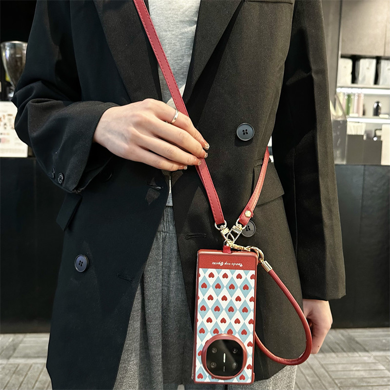 油画玫瑰爱心折叠手机壳斜挎绳